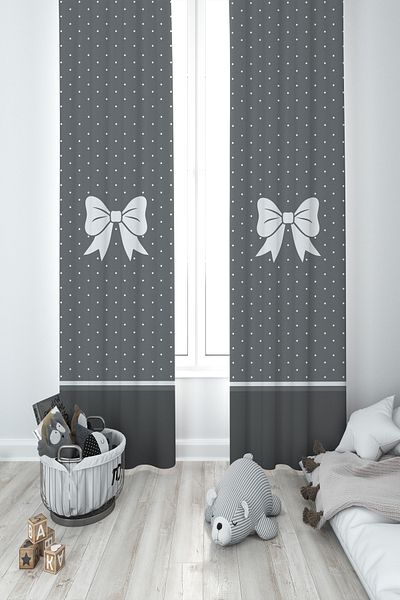 MEKTA HOME BABY AND KIDS ROOM Gray 2 Wing Background Curtain with Ribbon Pattern