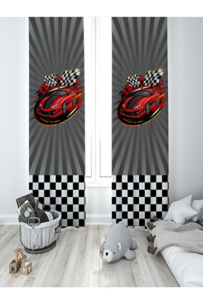 MEKTA HOME Bebek Ve Çocuk Odası Yarış Arabalı Iki Kanat Fon Perde Mkt-234