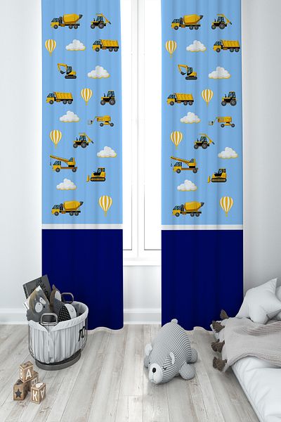 MEKTA HOME BABY AND CHILDREN'S ROOM 2 Wing Background Curtain with Machinery and Blue Road Pattern