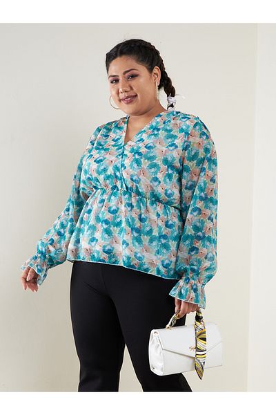 Sassafras By Styli Plus Floral Print V Neck Peplum Top