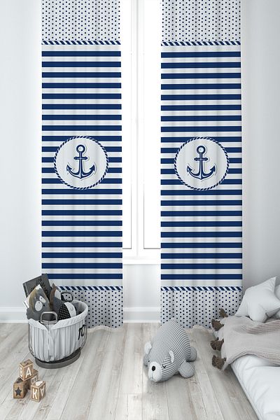 MEKTA HOME BABY AND KIDS ROOM Sailor Anchor Patterned 2 Wing Background Curtain