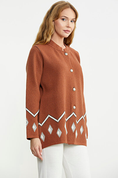 Sementa Brick Color Pearl Detailed Wool Knitwear Jacket