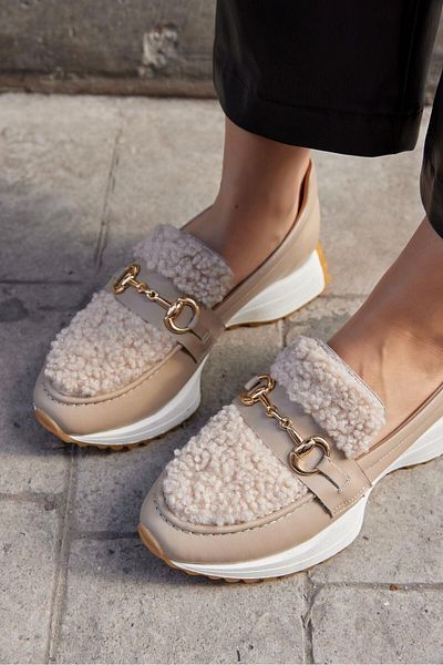 NILUFARR Pantofi de damă Shaggy Beige din piele naturală și blană