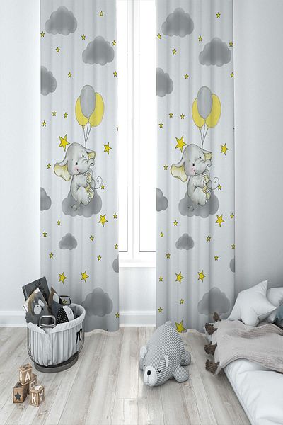 MEKTA HOME Baby and Children's Room Cute Elephant Balloon and Cloud Two Wings Background Curtain Mkt-267