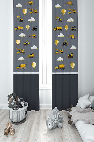 MEKTA HOME Baby and Children's Room Construction Machinery Patterned Two Wing Background Curtain Mkt-374