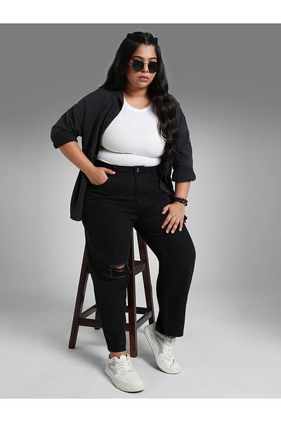 High Star By Styli Plus Ripped High Rise Jeans with Pockets
