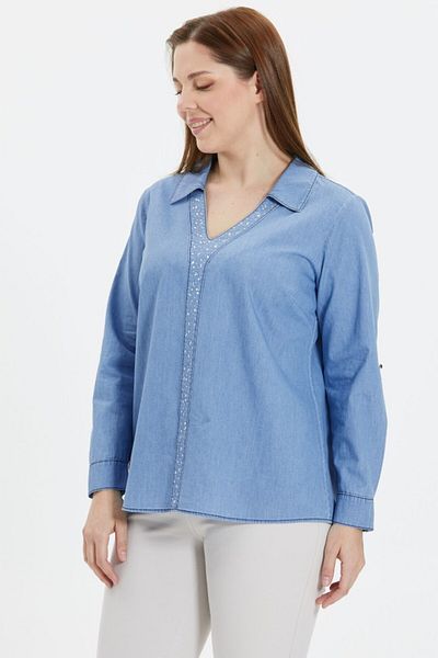 Selen Giyim Plus Size Shirt Collar Blouse with Rhinestone Front