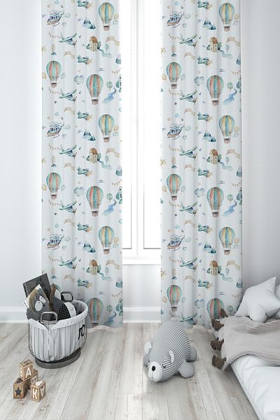 MEKTA HOME BABY AND KIDS ROOM Soft Flying Balloons Patterned 2 Wings Background Curtain
