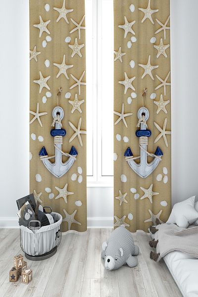 MEKTA HOME BABY AND KIDS ROOM Brown Anchor Patterned 2 Wing Background Curtain