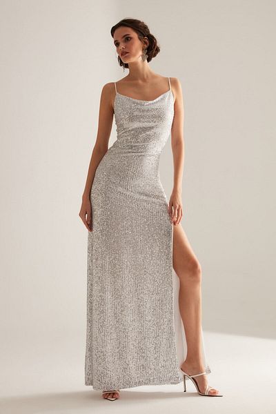 BETTY & SAM Strapless Lace Collar Slit Sequined Silver Evening Dress