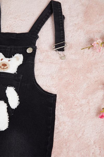 Cansın Mini Black Teddy Bear Detailed Girl's Jumpsuit 15685