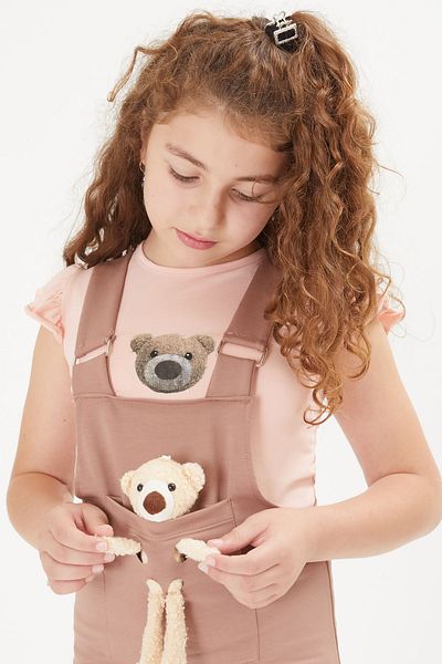 Cansın Mini Brown Teddy Bear Girls' Salopet Set 16044
