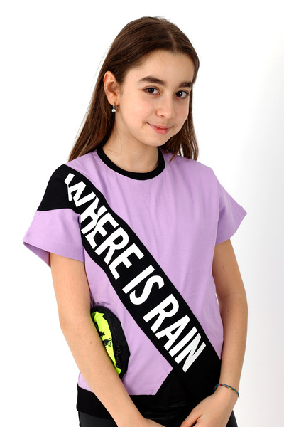 Cansın Mini Tricou cu mânecă liliac cu garnitură pentru fetiță 10-15 ani 13982