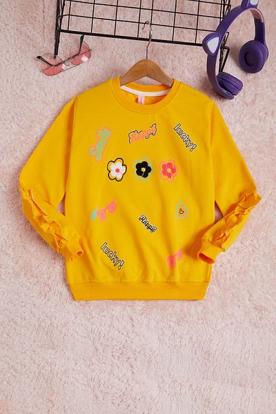 Cansın Mini Yellow Flower Embroidered Long Sleeve Girl's Sweatshirt 16303