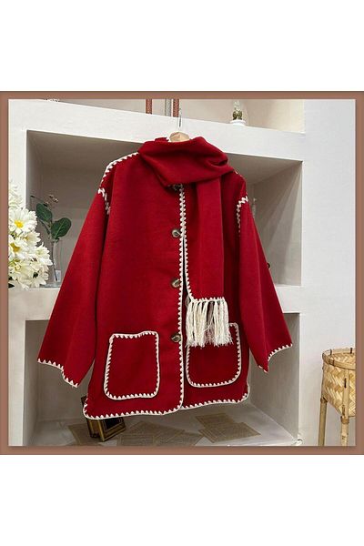 ELİSA Embroidery Detailed Scarf Soft Stamp Coat