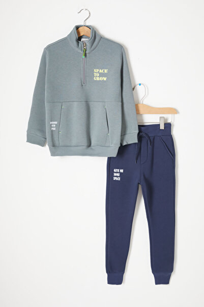 Cansın Mini Yeşil Fermuarlı Yaka Yazılı Erkek Çocuk Polarlı Eşofman Takımı 16739