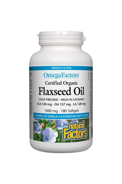 Natural Factors زيت بذور الكتان العضوي المعتمد، 1000 ملجم، 180 كبسولة هلامية