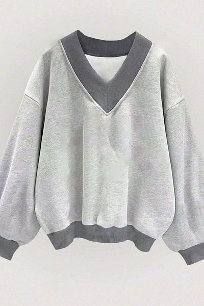 Know Damen-Sweatshirt mit 3 Fäden, hellgrau, einfarbig, V-Ausschnitt, Oversize