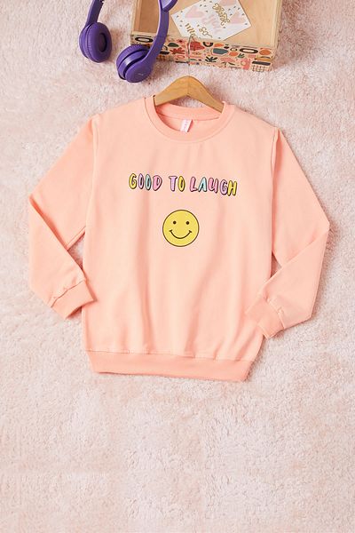 Cansın Mini Salmon Smiling Face Back Printed Girl's Sweatshirt 16702
