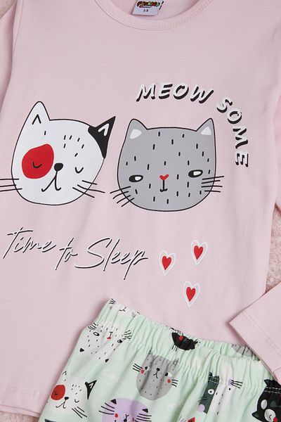Cansın Mini Pink Meow Cat Print Girl's Pajama Set 16340