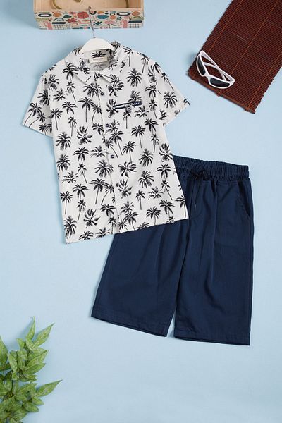 Cansın Mini White Palm Tree Print Shirt and Shorts Men's Suit 15644