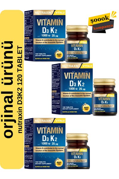 Nutraxin D3K2 120 Tablets - 3 Pack 1000 Iu D3 and 25 Mcg Vitamin K2