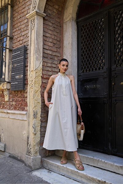 YOUR NAME Кремава рокля с парашутен крой за жени - с копчета на деколтето, бе...