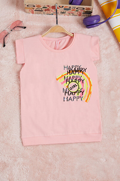 Cansın Mini Κεντημένο κοριτσίστικο μπλουζάκι Pink Rainbow 15566