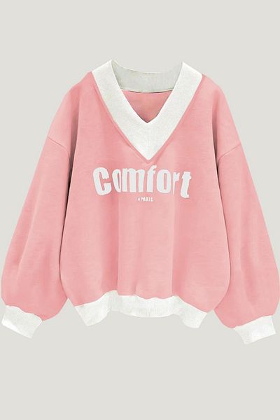 Know Női 3 szálú púderrózsaszín Comfort In Paris nyomtatott V-nyakú oversize pulóver
