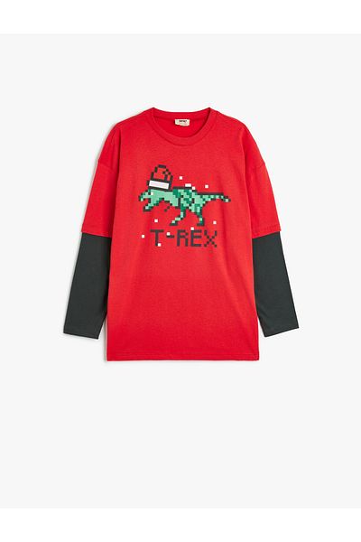 Koton Dinosaur Printed Cotton Long Sleeve T-Shirt - Crew Neck