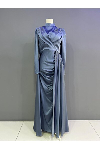 miss Elegans Gray Satin Stone Detailed Evening Dress
