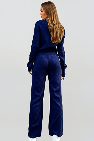 VAGGON Women's Navy Blue Toe Detailed Knitwear Bottom and Top Set Prm1148