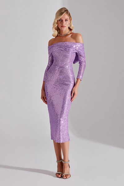 BETTY & SAM NATALIA Light Lilac Off Shoulder Pencil Skirt Evening Gown
