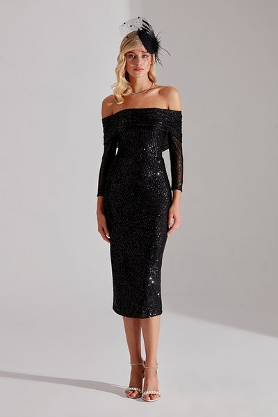 BETTY & SAM NATALIA Sequined BLACK Off Shoulder Pencil Skirt Evening Gown