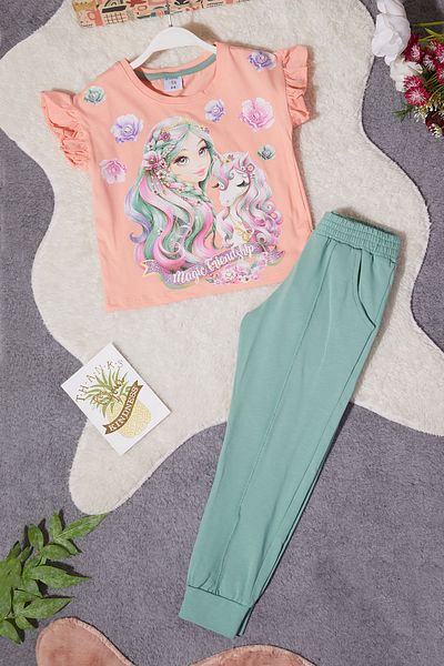 Cansın Mini Girl's Salmon Glitter Character Printed Top and Bottom Set 15262