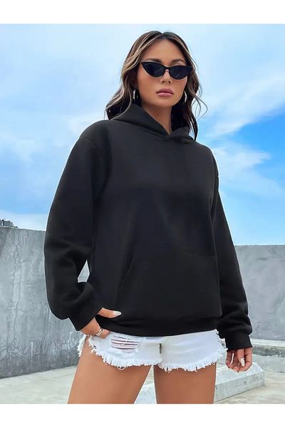 Moodopia Black Plain Unprinted Thick Ribbed 3 Thread Hooded Sweatshirt Hoodie