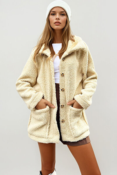 VAGGON Women's Beige Double Pocket Buttoned Front Shawl Collar Plush Jacket Prm1183