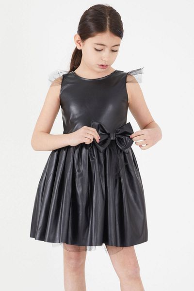 Cansın Mini Girl's Tulle Detailed Bow Leather Dress 15036