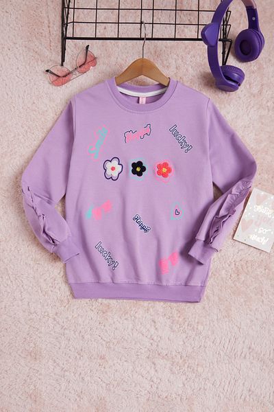 Cansın Mini Lilac Flower Embroidered Long Sleeve Girl's Sweatshirt 16307