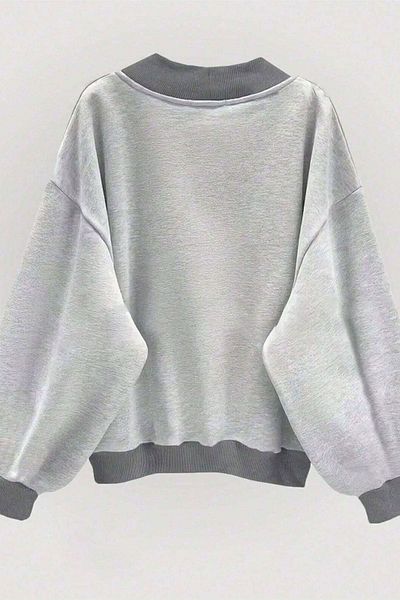 Know Damen-Sweatshirt mit 3 Fäden, hellgrau, einfarbig, V-Ausschnitt, Oversize