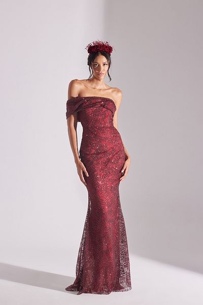 BETTY & SAM Aster Glittered Off Shoulder Fish Skirt Evening Dress