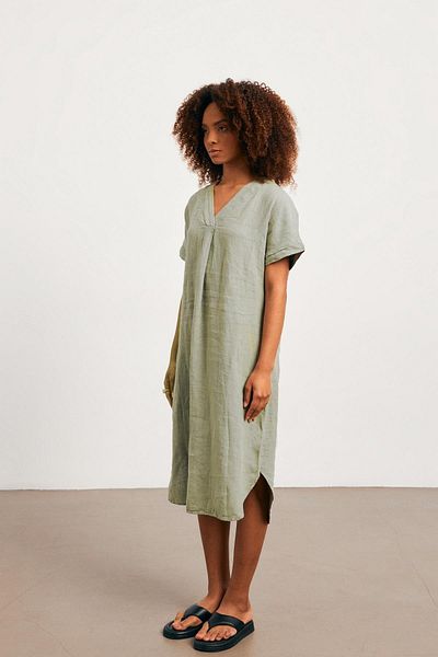 YOUR NAME Linen Oversize V-Neck Khaki Long Dress