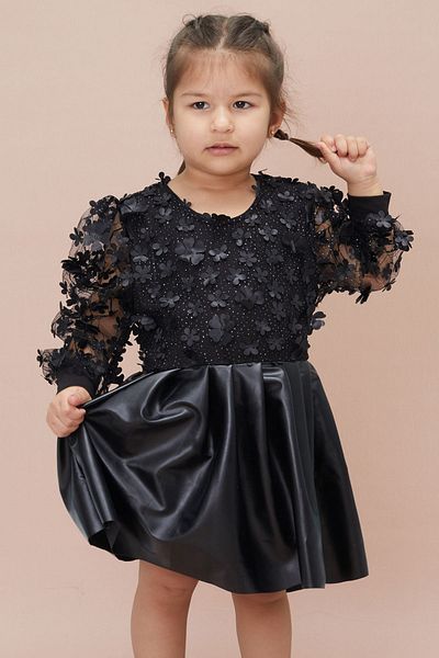 Cansın Mini Rochie din piele pentru fetiță cu imprimeu floral din tul negru 15035