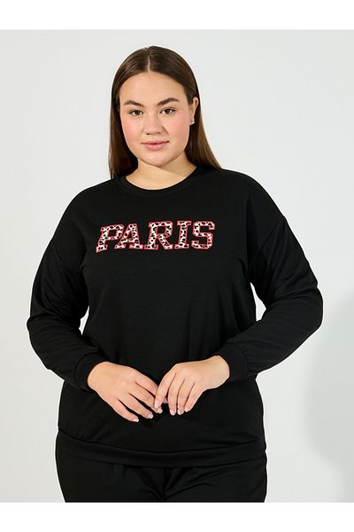Styli Plus Size Leopard Paris Slogan Sweatshirt & Jogger Lounge Set
