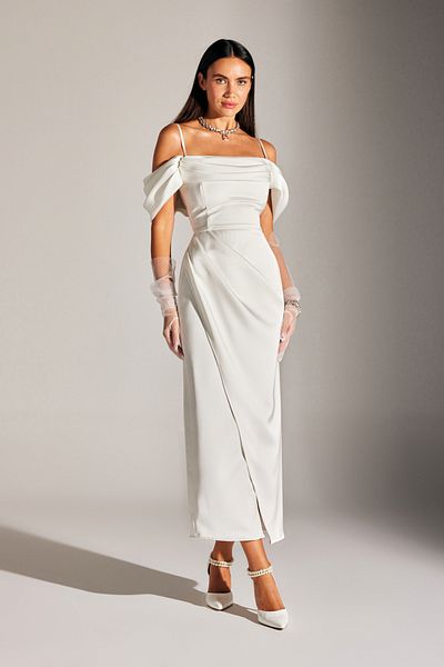 BETTY & SAM VERA DRAPIERTES WEISSES KLEID MIT TRÄGERN UND DETAILS MIT ABGESETZTEN SCHULTERN
