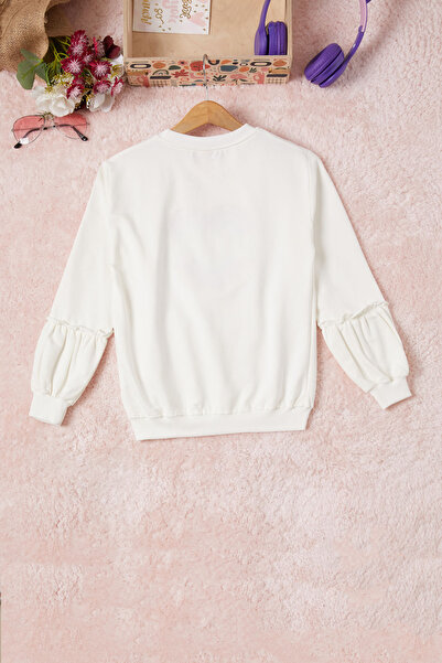 Cansın Mini Ecru Colored Heart Patterned Sequined Girl's Sweatshirt 16692