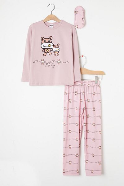 Cansın Mini Dark Pink Striped Animal Patterned Girl's Pajama Set 16335
