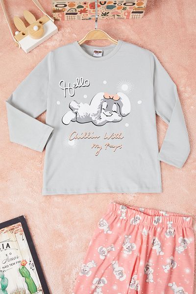 Cansın Mini Gray Rabbit Printed Girl's Pajama Set 16346