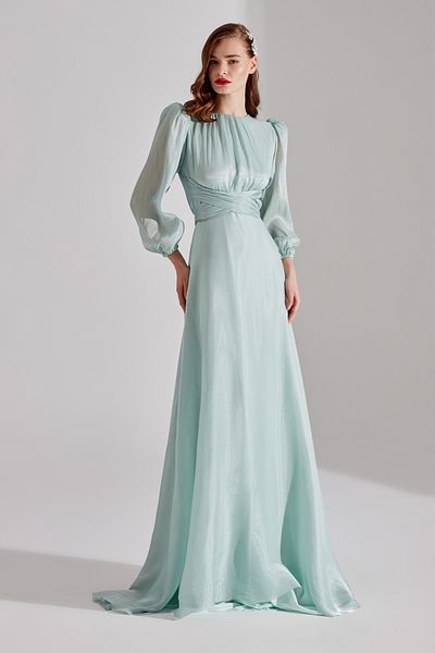 BETTY & SAM Water Green Balloon Sleeve Flared Dress - POLINA
