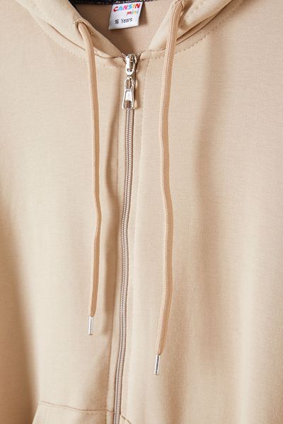 Cansın Mini Cardigan școlar bej cu glugă și fermoar pentru băieți 16196